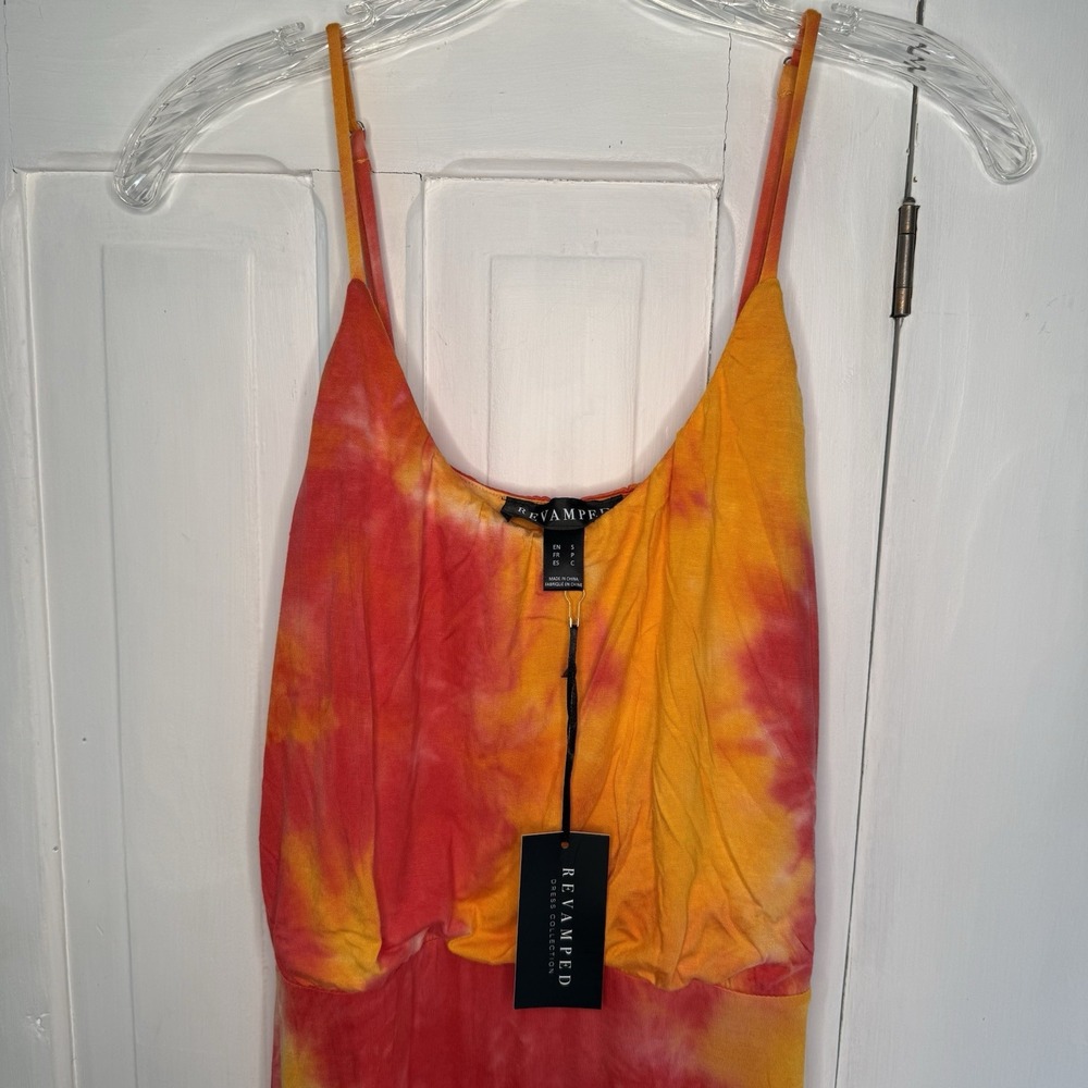 NEW Revamped Long Maxi Dress Size Small Bright Orange Tie Dye Straps Side Slits